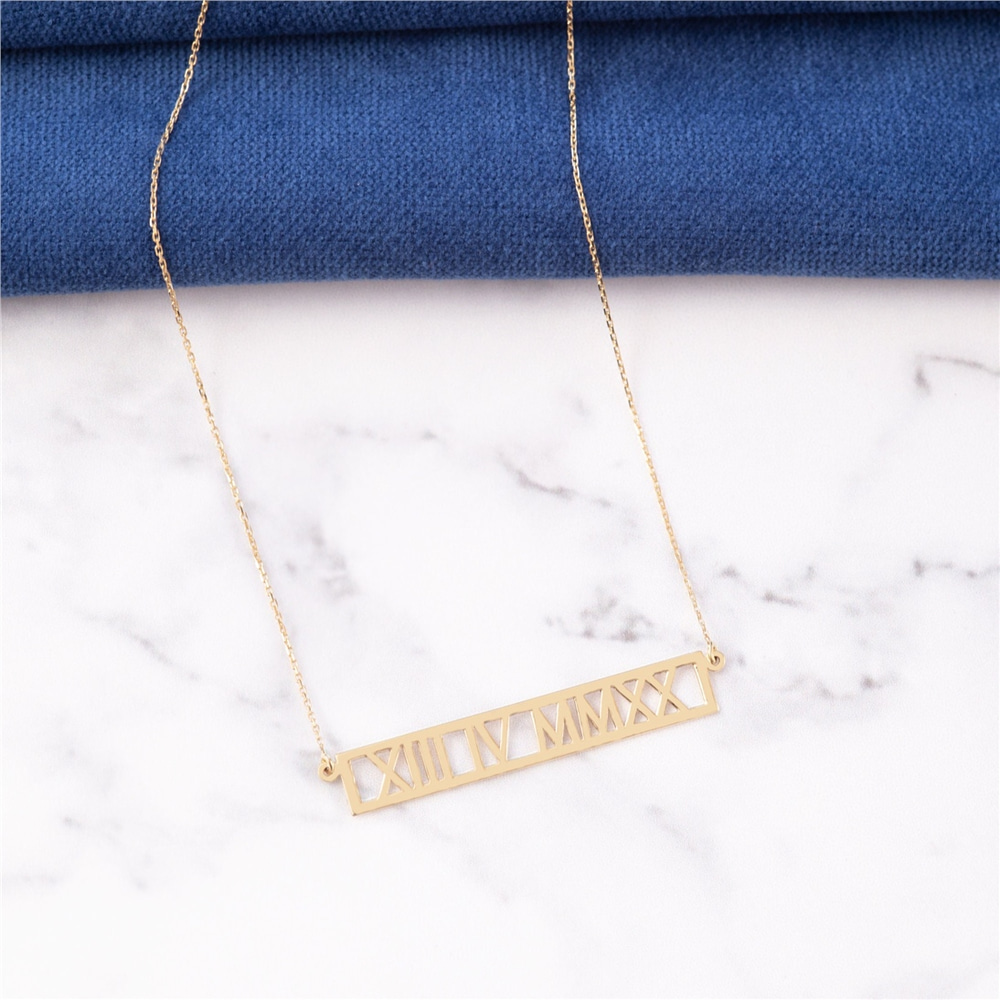 Goldstore-14k 18k Solid Gold Custom Roman Numeral Necklace, Personalized Wedding Keepsake Date Coordinates Necklace, Horizontal Necklace Gift for Her