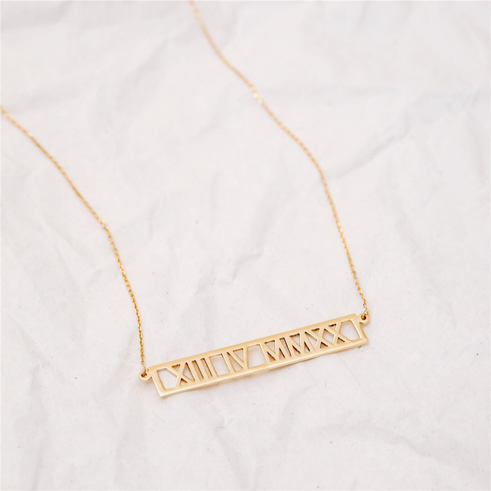 Goldstore-14k 18k Solid Gold Custom Roman Numeral Necklace, Personalized Wedding Keepsake Date Coordinates Necklace, Horizontal Necklace Gift for Her