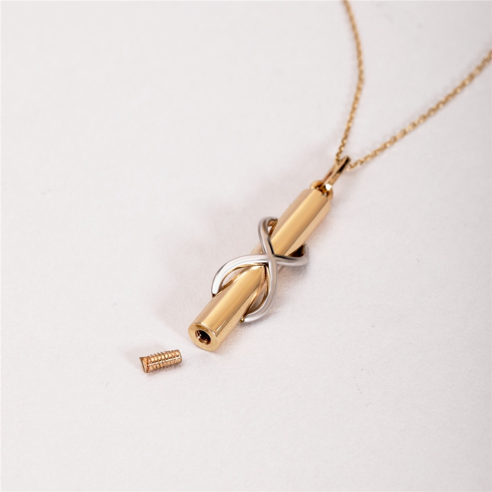 Goldstore-14K 18K Solid Gold Cylinder Bar with Entwined Infinity Urn Necklace, Dainty Cylinder Bar with Infinity Symbol Pendant, Cremation Ash Holder