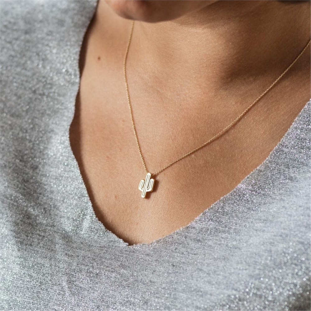 Goldstore-14k 18k Solid Gold Dainty Cactus Necklace, Delicate Gold Cactus Necklace, Layering Cactus Yellow Rose White Cactus Gold Necklace Gift For
