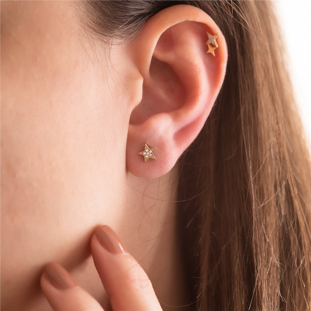 Goldstore-14K 18K Solid Gold Dainty Diamond or Cz Star Stud Earrings, Tiny 6.5mm Star Simple Stud Earring, Celestial Mini Earring Post For Him For Her