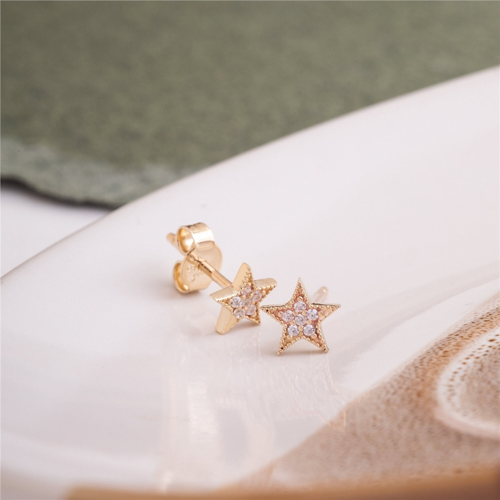 Goldstore-14K 18K Solid Gold Dainty Diamond or Cz Star Stud Earrings, Tiny 6.5mm Star Simple Stud Earring, Celestial Mini Earring Post For Him For Her