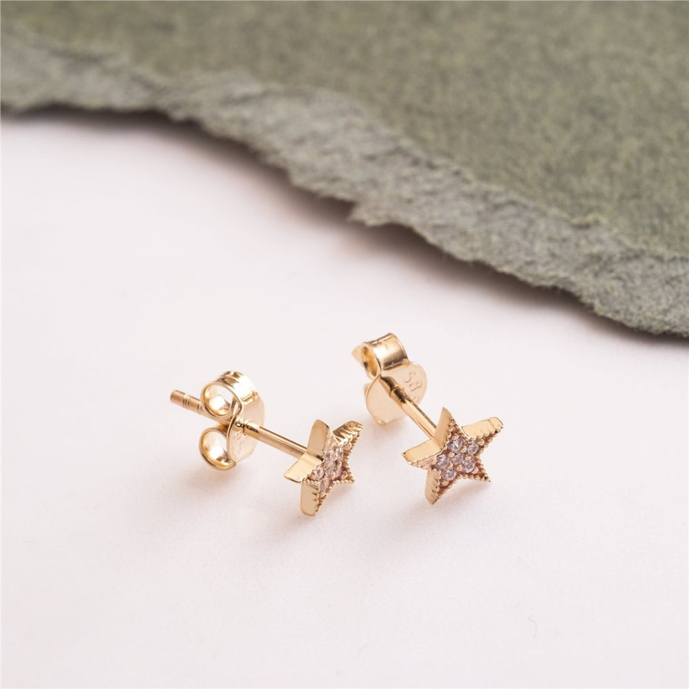 Goldstore-14K 18K Solid Gold Dainty Diamond or Cz Star Stud Earrings, Tiny 6.5mm Star Simple Stud Earring, Celestial Mini Earring Post For Him For Her