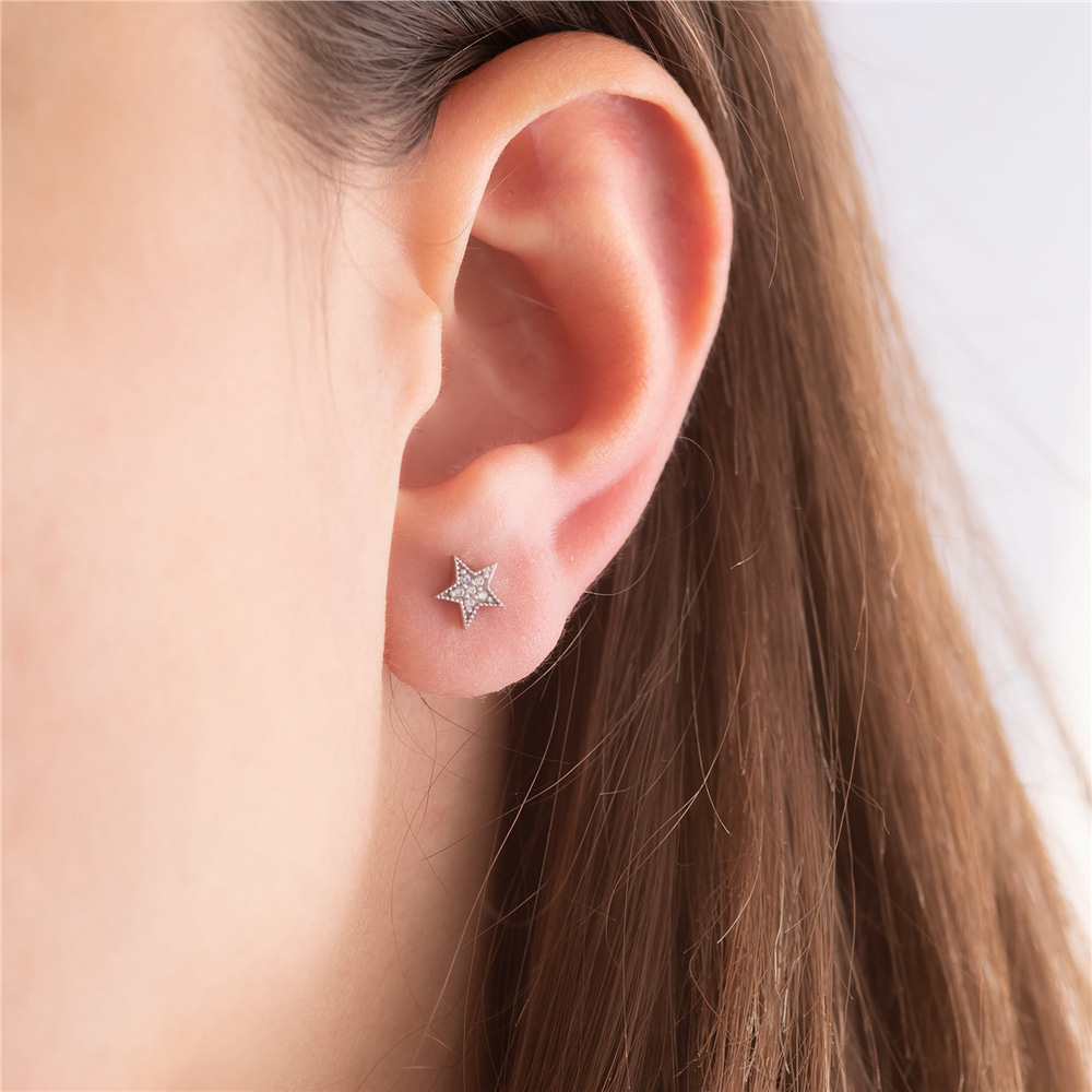 Goldstore-14K 18K Solid Gold Dainty Diamond or Cz Star Stud Earrings, Tiny 6.5mm Star Simple Stud Earring, Celestial Mini Earring Post For Him For Her
