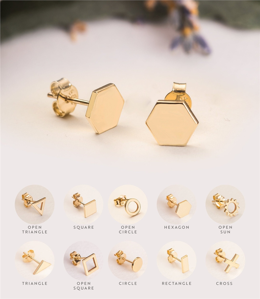 Goldstore-14K 18K Solid Gold Dainty Geometric Hex Stud Earrings, Minimalist Gold Tiny Hexagon Stud Earrings, Hexagon Earrings Posts Mother's Day Gift