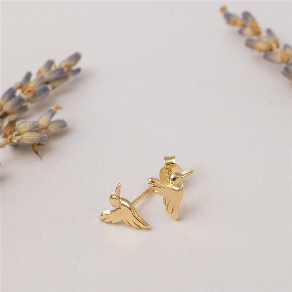Goldstore-14K 18K Solid Gold Dainty Hummingbird Stud Earrings, Minimalist Gold Tiny Hummingbird Studs, Kids Earrings Posts Gift For Her Gift For Mom
