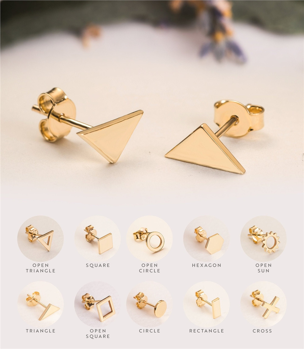 Goldstore-14K 18K Solid Gold Dainty Triangle Stud Earrings, Minimalist Gold Tiny Triangle Stud Earrings, Geometric Mini Earrings Posts Mother's Gift