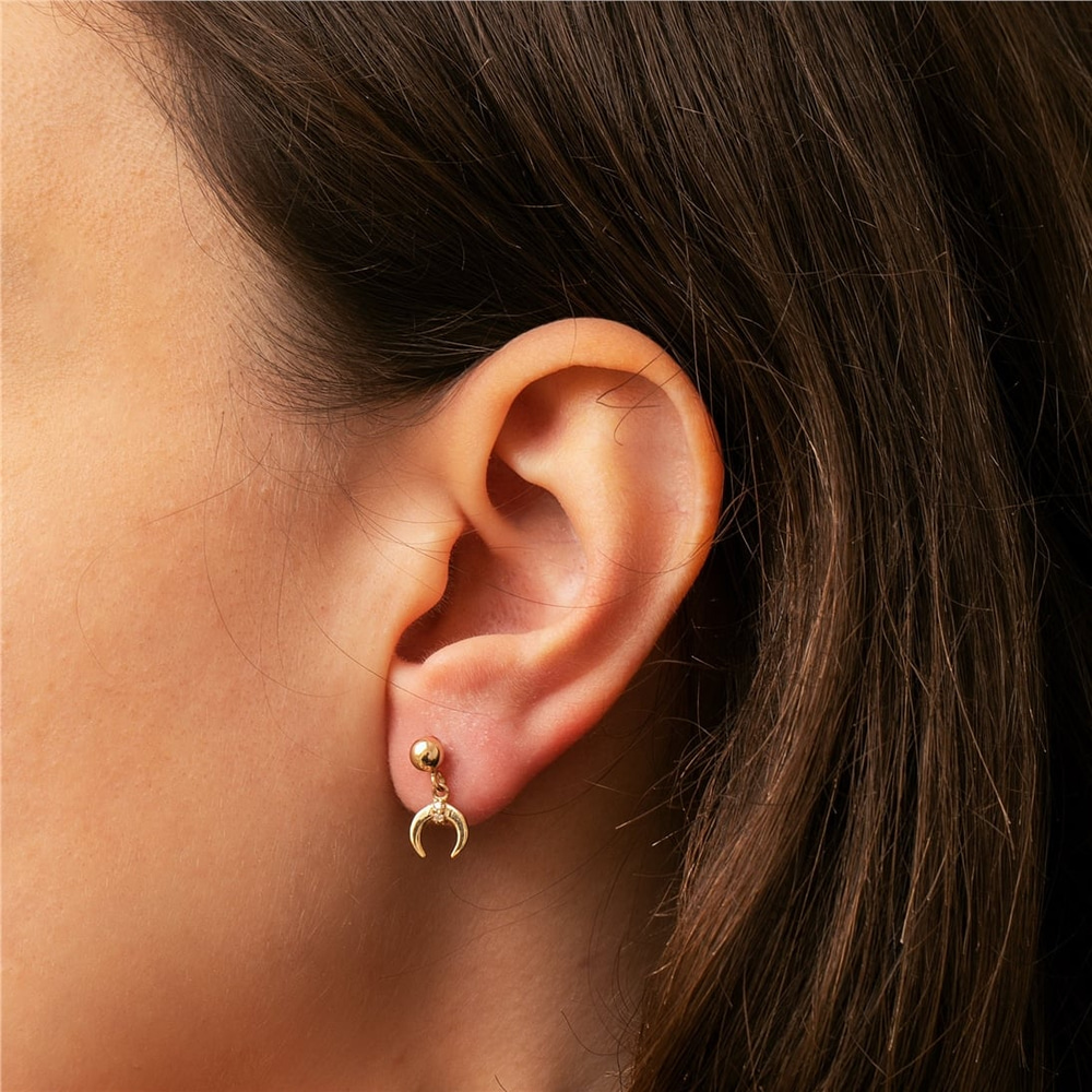 Goldstore-14K 18K Solid Gold Dangling Double Horn Ball Stud Moon Earrings, Dainty Moon & Ball Earrings, Cute Ear Pin is a Great Gift For Her,