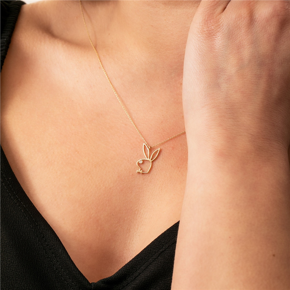 Goldstore-14k 18k Solid Gold Diamond Bowtie Rabbit Necklace, Genuine Diamond Rabbit Pendant, Tiny Bunny Rabbit Charm Choker Necklace, Valentines Gift