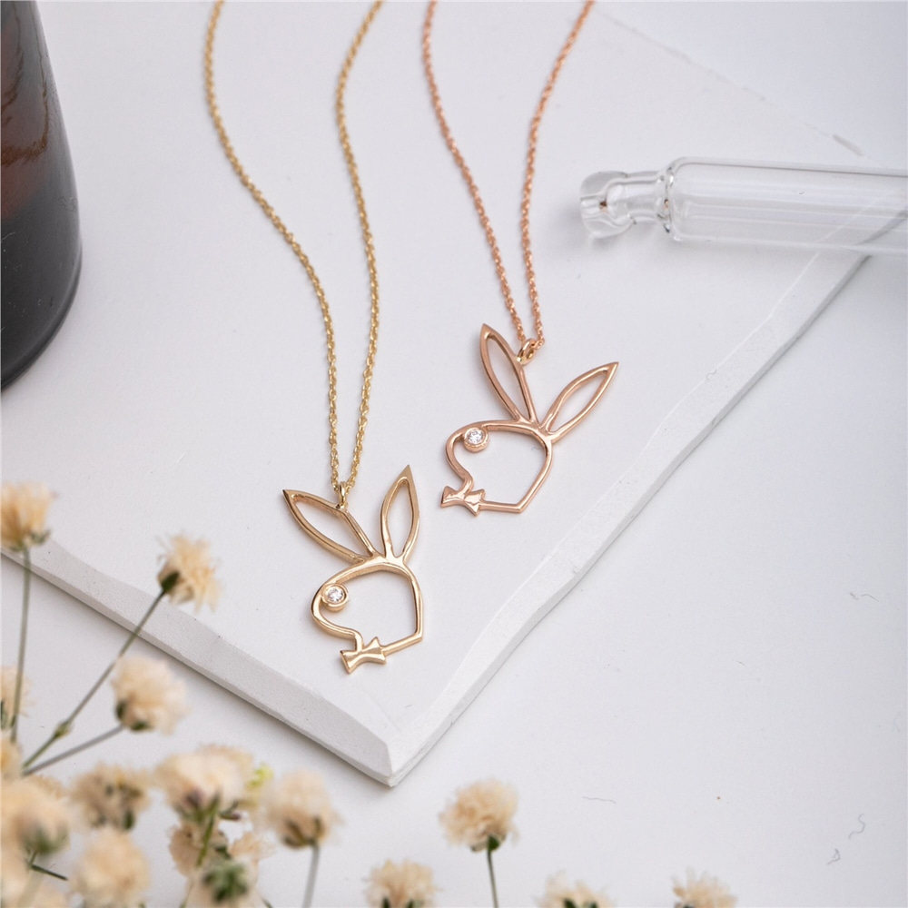 Goldstore-14k 18k Solid Gold Diamond Bowtie Rabbit Necklace, Genuine Diamond Rabbit Pendant, Tiny Bunny Rabbit Charm Choker Necklace, Valentines Gift