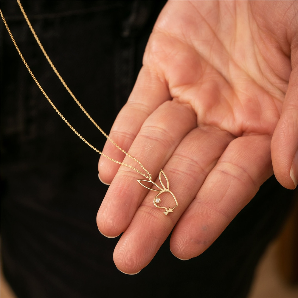 Goldstore-14k 18k Solid Gold Diamond Bowtie Rabbit Necklace, Genuine Diamond Rabbit Pendant, Tiny Bunny Rabbit Charm Choker Necklace, Valentines Gift