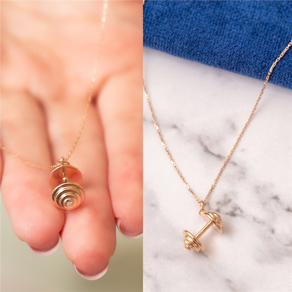 Goldstore-14k 18k Solid Gold Diamond Dumbbell Necklace, Barbell Dumbbell Charm Gold Necklace, Weightlifter Necklace, Bodybuilder Necklace Gift For Man