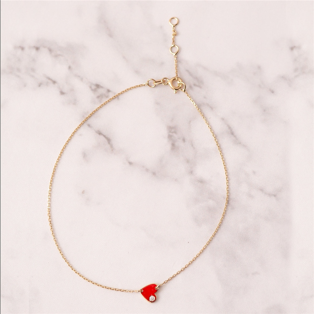 Goldstore-14k 18k Solid Gold Diamond Enamel Heart Anklet, Red Enamel Diamond Heart Anklet, 0.02ct Genuine Diamond Enamel Gold Heart Mini Anklet