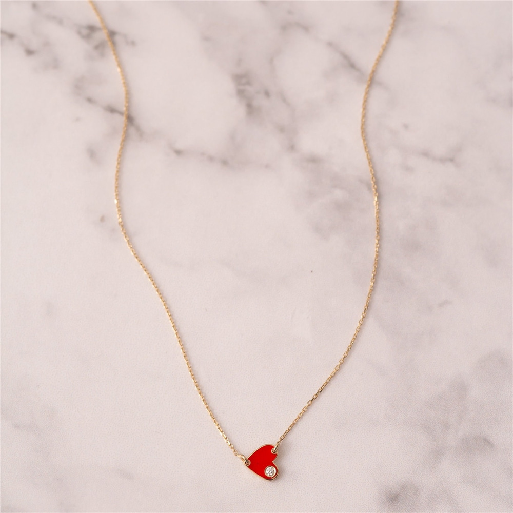 Goldstore-14k 18k Solid Gold Diamond Enamel Heart Necklace, Red Enamel Diamond Heart Necklace, 0.02ct Genuine Diamond Enamel Gold Heart Mini Necklace
