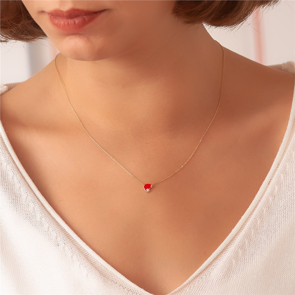 Goldstore-14k 18k Solid Gold Diamond Enamel Heart Necklace, Red Enamel Diamond Heart Necklace, 0.02ct Genuine Diamond Enamel Gold Heart Mini Necklace