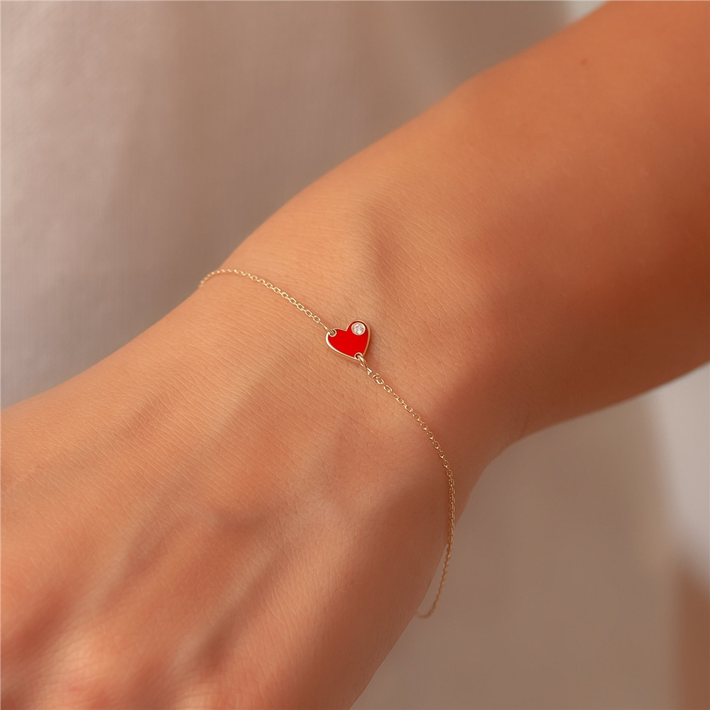 Goldstore-14k 18k Solid Gold Diamond Enamel Heart Anklet, Red Enamel Diamond Heart Anklet, 0.02ct Genuine Diamond Enamel Gold Heart Mini Anklet