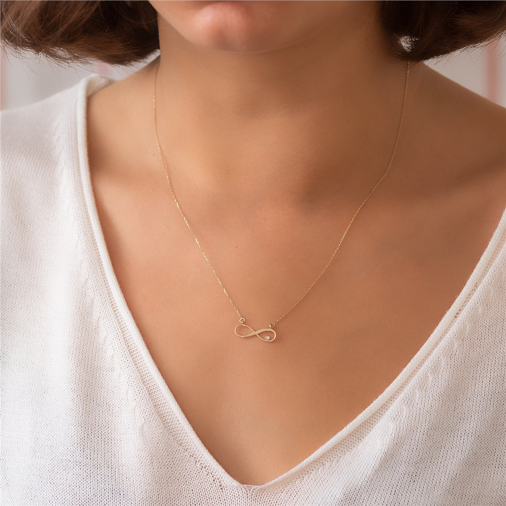 Goldstore-14K 18K Solid Gold Diamond Infinity Necklace, Forever Infinity Charm Necklace, Dainty Infinity Choker Necklace Gift For Mom, Gift for Her