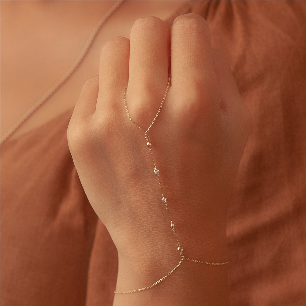 Goldstore-14K 18K Solid Gold Diamond or Cubic Zirconia Slave Bracelet, Solid Gold Chain Gold Ring Bracelet, Hand Ring Gold Handlet Bracelet