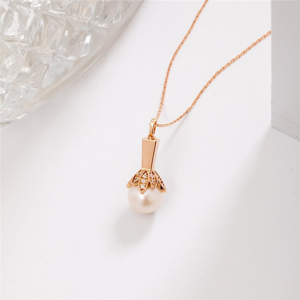 Goldstore-14k 18k Solid Gold Diamond Pearl Cremation Urn Necklace, Elegant Genuine Diamond & Pearl Urn Pendant, Keepsake Memorial Ash Holder Necklace