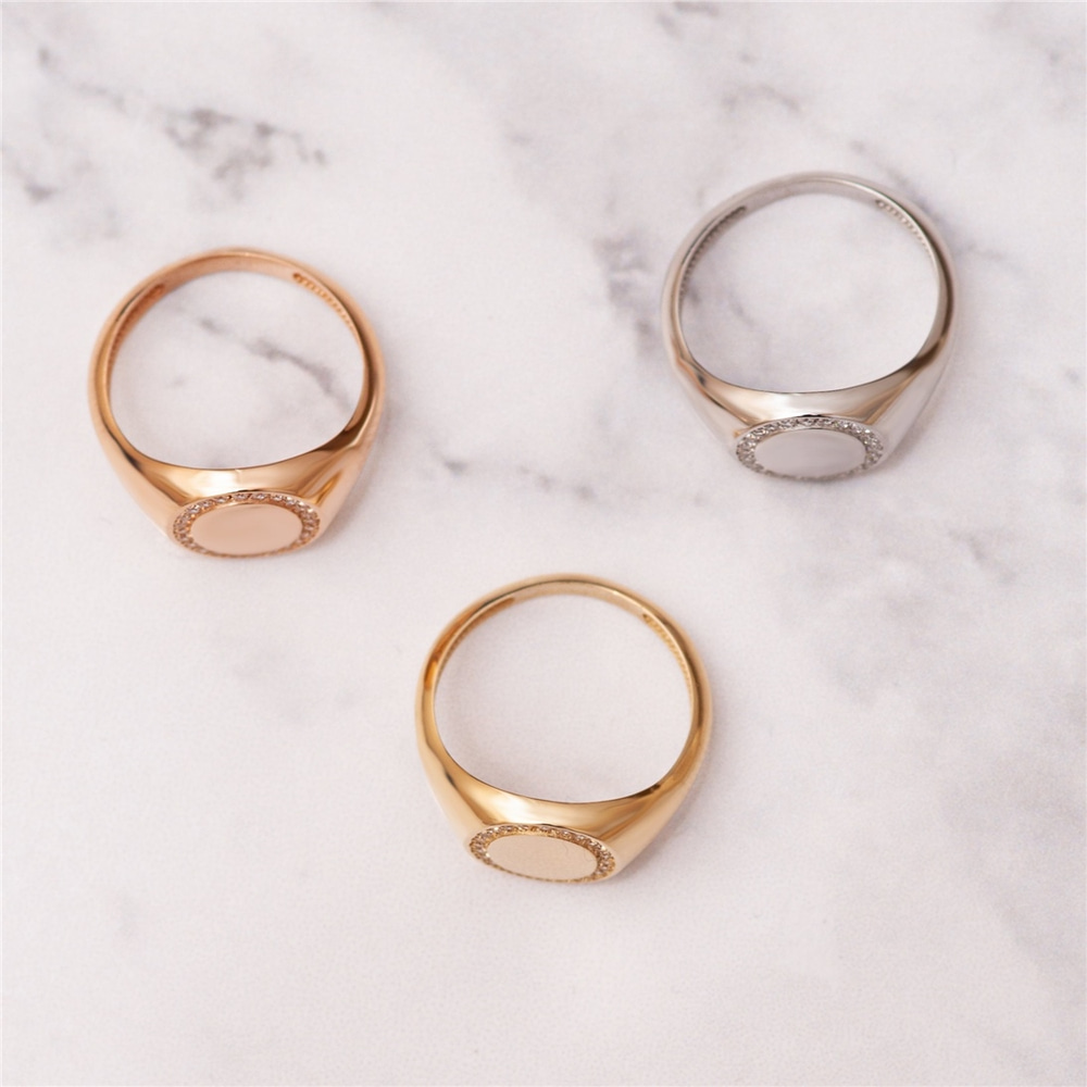 Goldstore-14K 18K Solid Gold Diamond Signet Ring, Diamond or Cz Circle Signet Gold Ring, Custom Engraved Gold Seal Ring, Sparkle Signet Ring Gift For