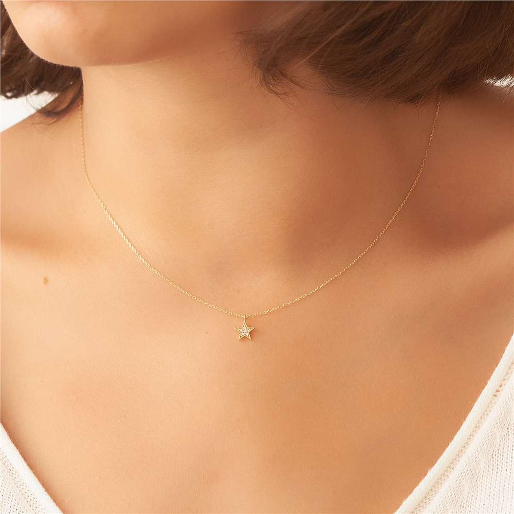 Goldstore-14k 18k Solid Gold Diamond Star Necklace, Gold Star Necklace, Genuine Diamond Necklace, Tiny Star Diamond Choker Necklace is gift for her