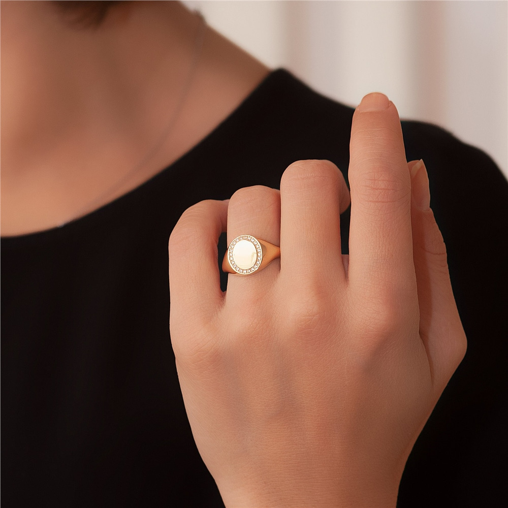 Goldstore-14K 18K Solid Gold Diamond Signet Ring, Diamond or Cz Circle Signet Gold Ring, Custom Engraved Gold Seal Ring, Sparkle Signet Ring Gift For
