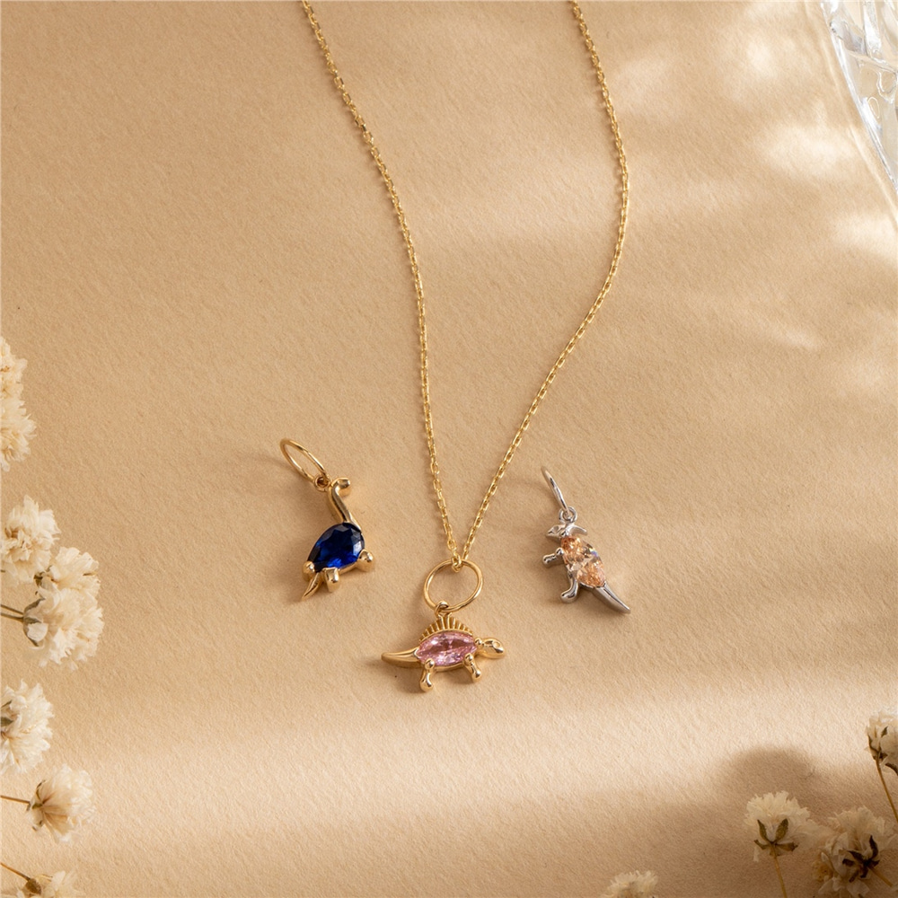 Goldstore-14K 18K Solid Gold Dinosaur Charm Pendant, Triceratops, Stegosaurus, Brachiosaurus With Birthstone, Best Gift For Science Fiction Lover