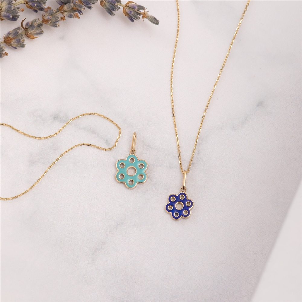 Goldstore-14K 18K Solid Gold Enamel Flower Pendant, Daffodil Sunflower Enamel Pendant Necklace, 2 Sided Enamel Flower Choker Necklace Gift For Her