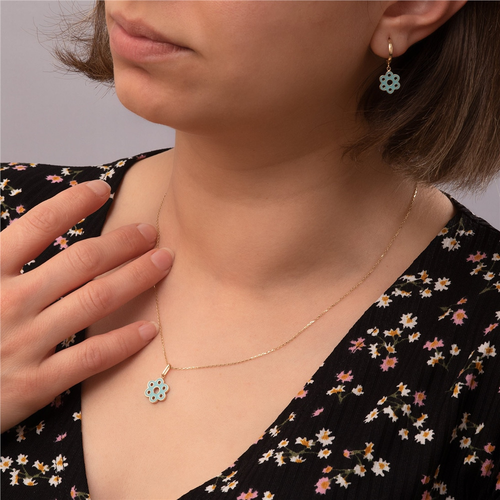Goldstore-14K 18K Solid Gold Enamel Flower Pendant, Daffodil Sunflower Enamel Pendant Necklace, 2 Sided Enamel Flower Choker Necklace Gift For Her