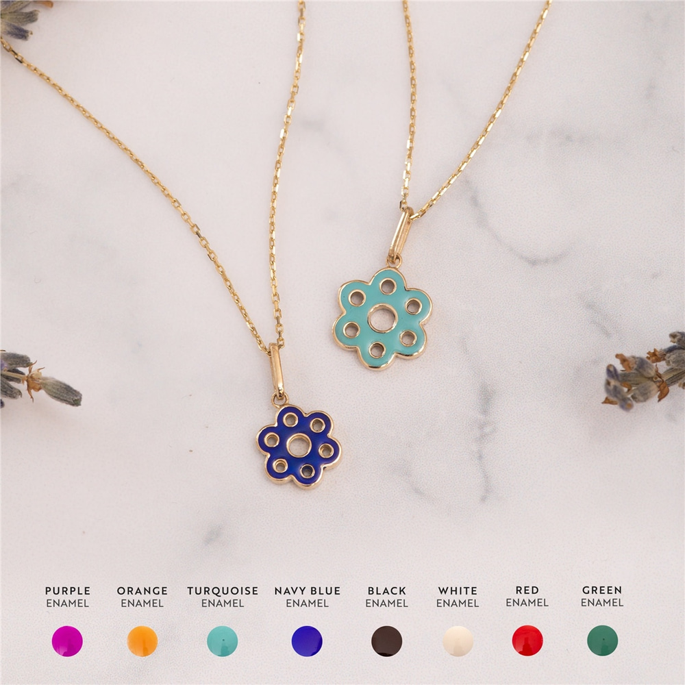 Goldstore-14K 18K Solid Gold Enamel Flower Pendant, Daffodil Sunflower Enamel Pendant Necklace, 2 Sided Enamel Flower Choker Necklace Gift For Her