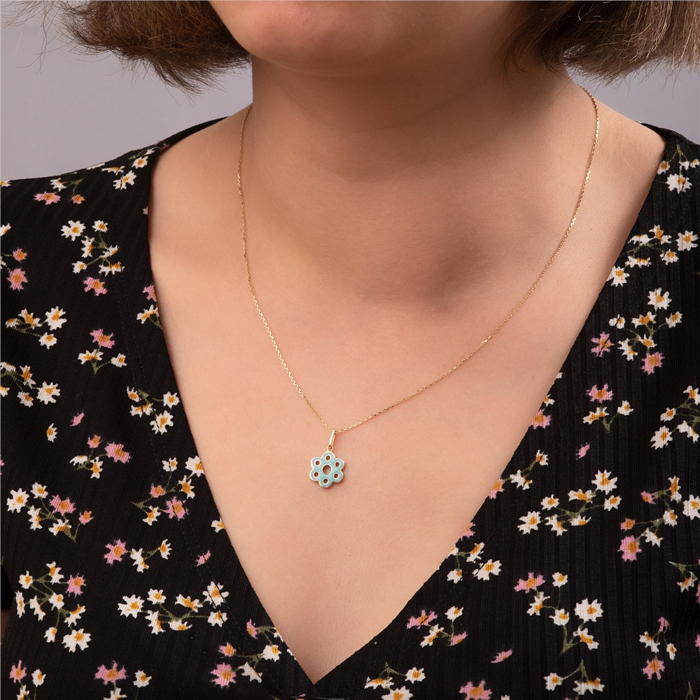 Goldstore-14K 18K Solid Gold Enamel Flower Pendant, Daffodil Sunflower Enamel Pendant Necklace, 2 Sided Enamel Flower Choker Necklace Gift For Her