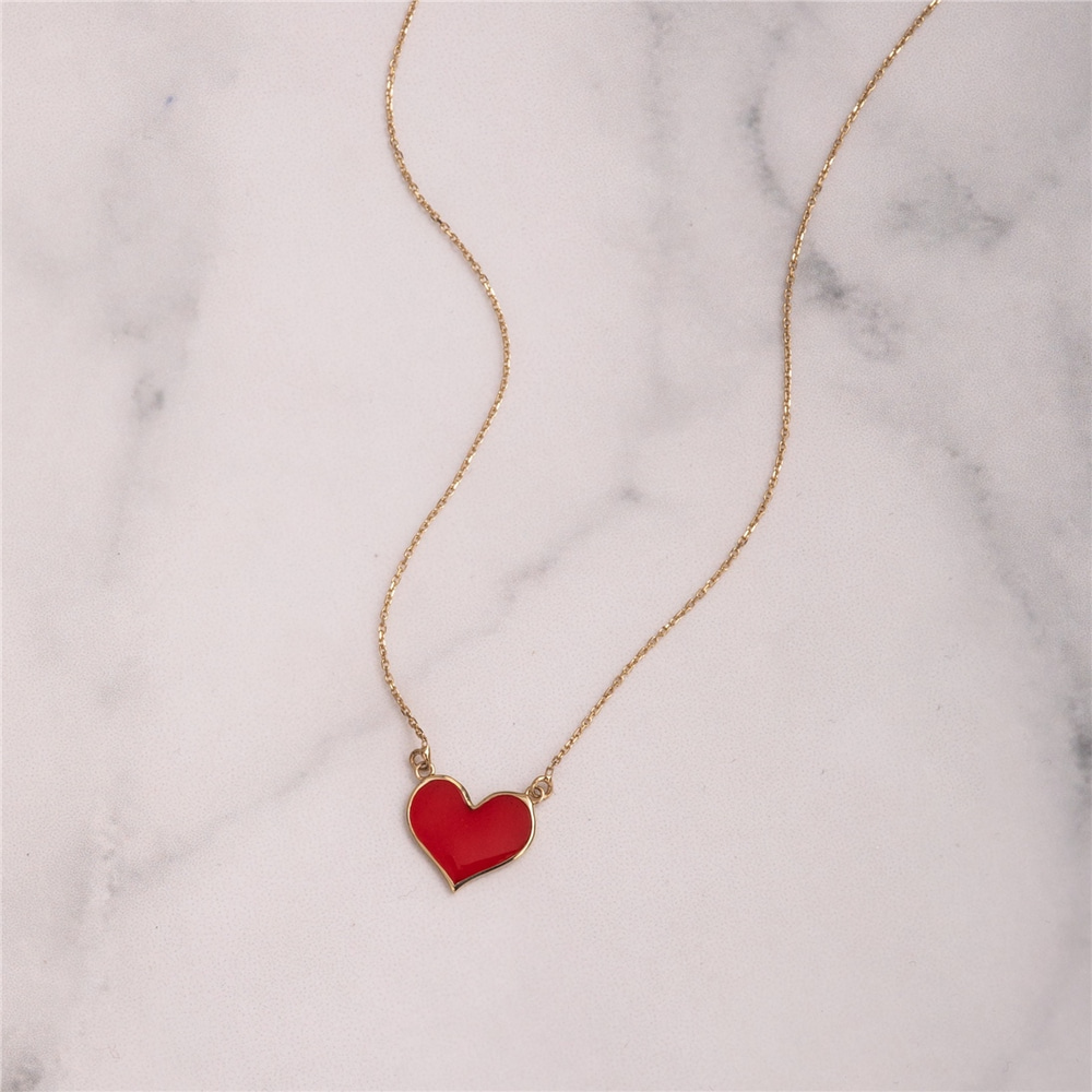 Goldstore-14K 18K Solid Gold Enamel Heart Necklace, Dainty Enamel Gold Heart Necklace, Minimalist Heart Charm Necklace is a Birthday Gift for Her