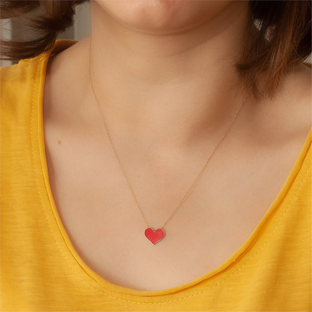 Goldstore-14K 18K Solid Gold Enamel Heart Necklace, Dainty Enamel Gold Heart Necklace, Minimalist Heart Charm Necklace is a Birthday Gift for Her