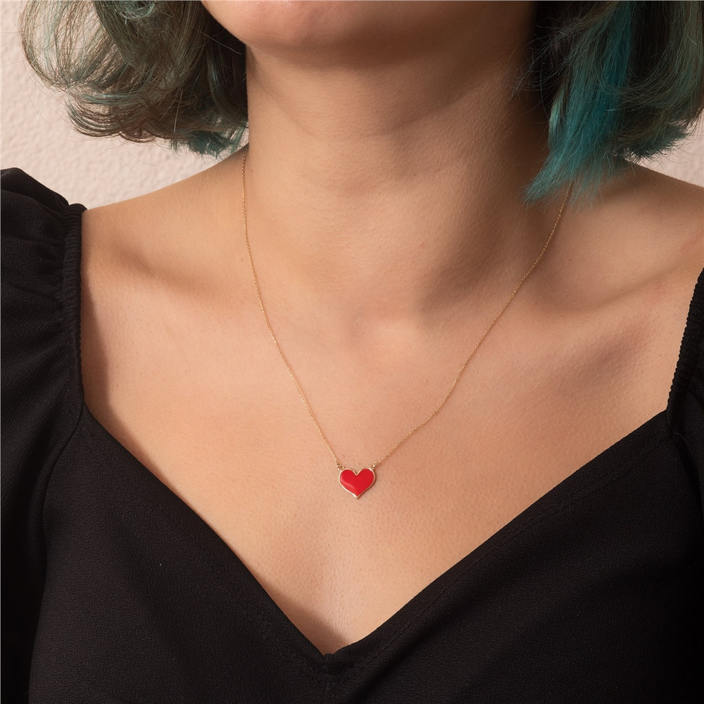 Goldstore-14K 18K Solid Gold Enamel Heart Necklace, Dainty Enamel Gold Heart Necklace, Minimalist Heart Charm Necklace is a Birthday Gift for Her