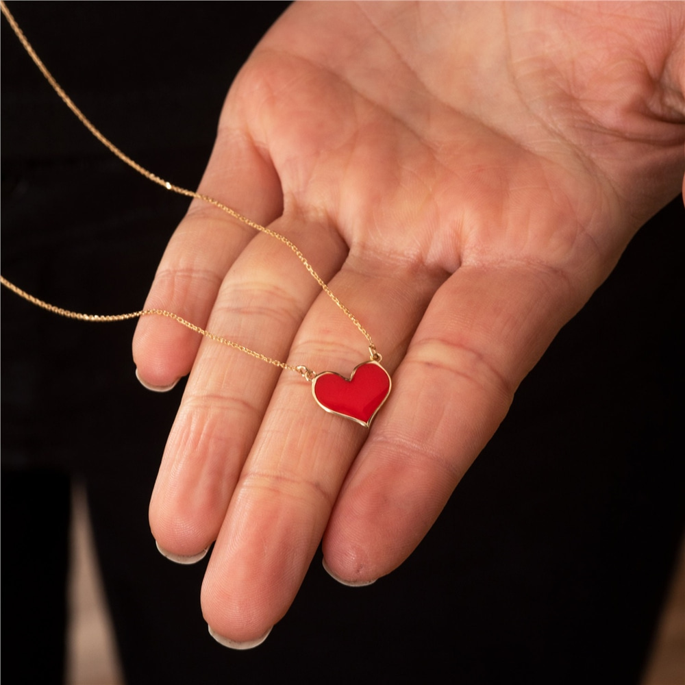Goldstore-14K 18K Solid Gold Enamel Heart Necklace, Dainty Enamel Gold Heart Necklace, Minimalist Heart Charm Necklace is a Birthday Gift for Her