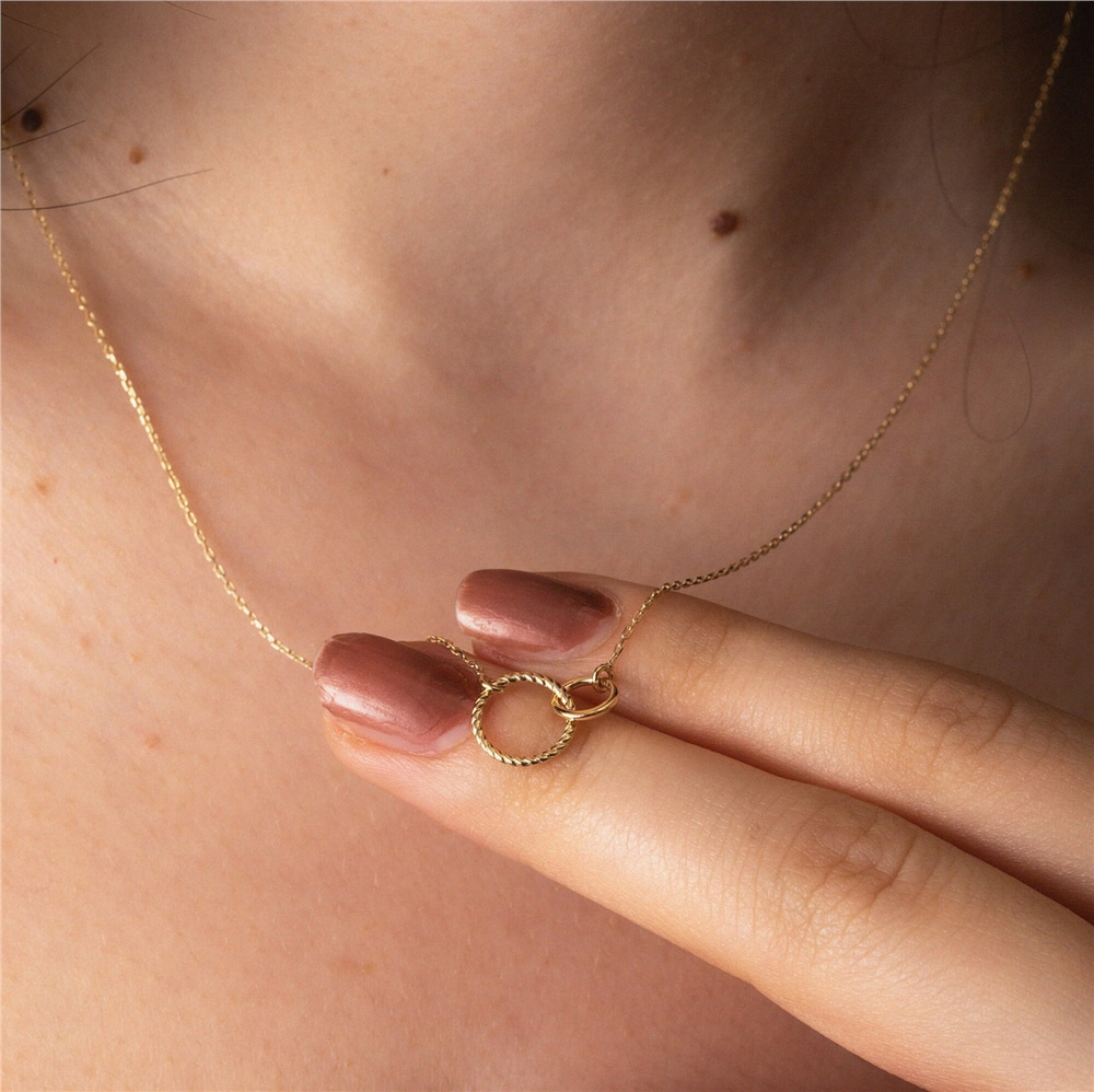 Goldstore-14K 18K Solid Gold Eternity Circle Necklace, Dainty Double Open Circle Necklace, Two Interlocking Entwined  Rings Infinity Layering Necklace