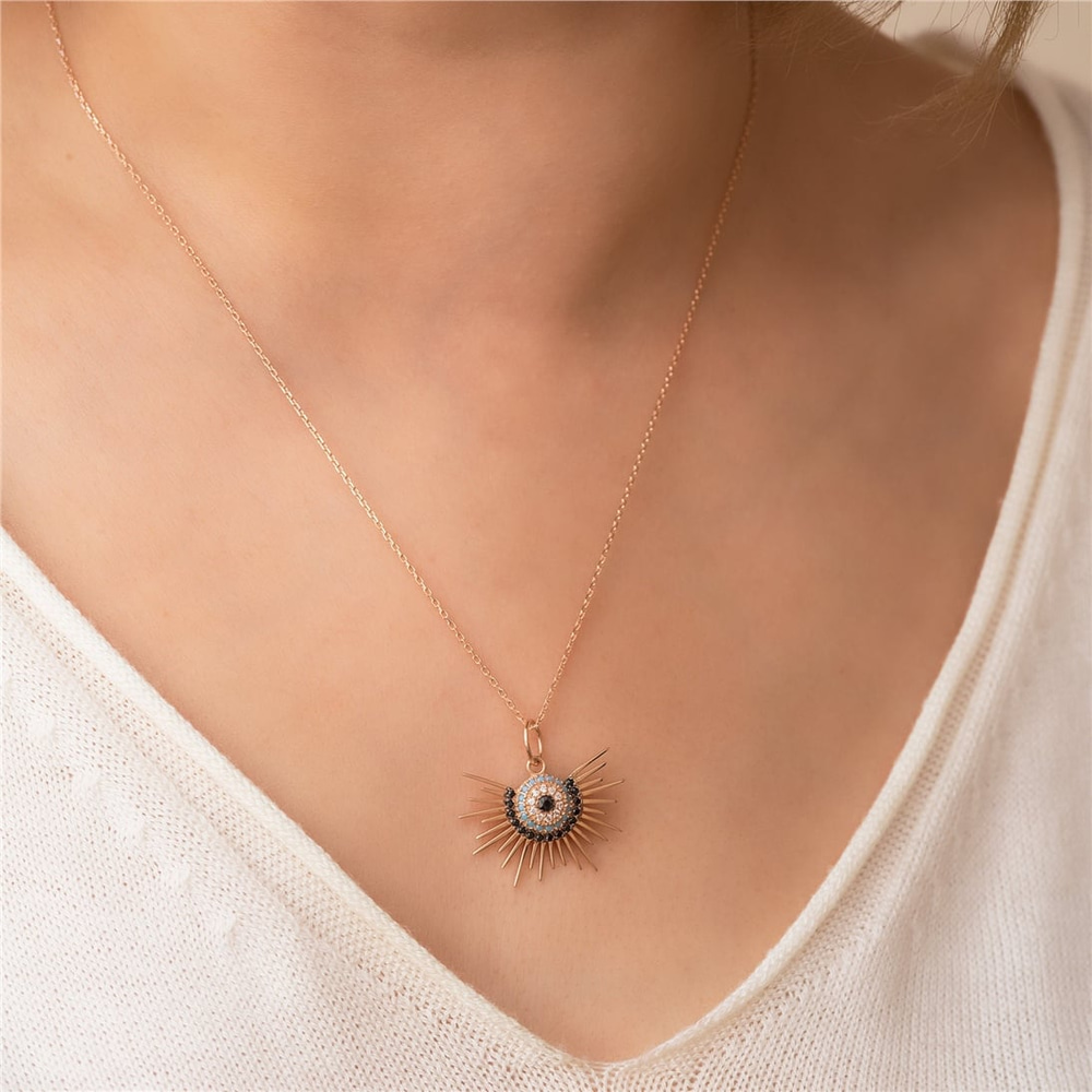 Goldstore-14K 18K Solid Gold Evil Eye Sun Necklace, Sunburst Evil Eye Necklace, Blue Eye Sun Necklace Gift For Her, Sun Rays Pendant Gift Christmas