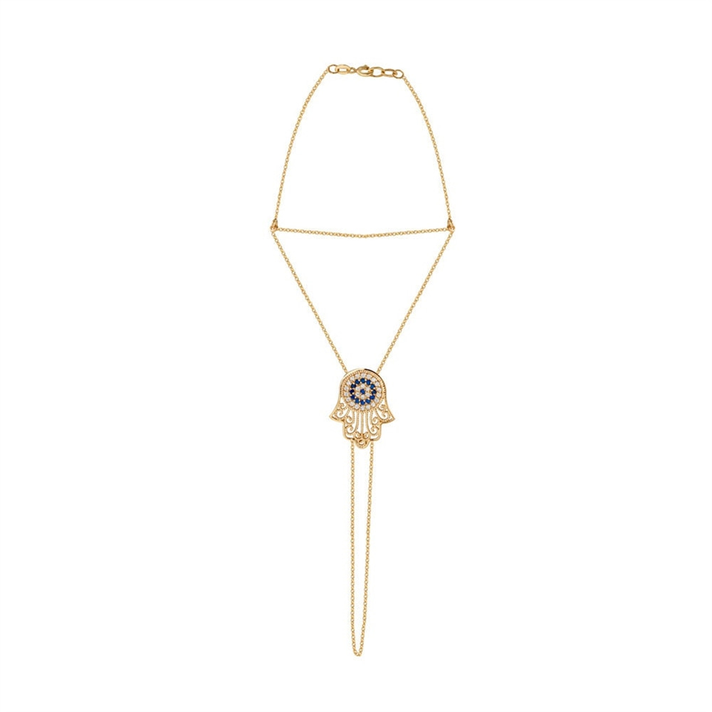 Goldstore-14K 18K Solid Gold Evil Eye Hamsa Sahmeran Bracelet, Fatima Hand Palm Chain Bracelet with Blue Eyes, Bridal Slave Bracelet Christmas Gift.