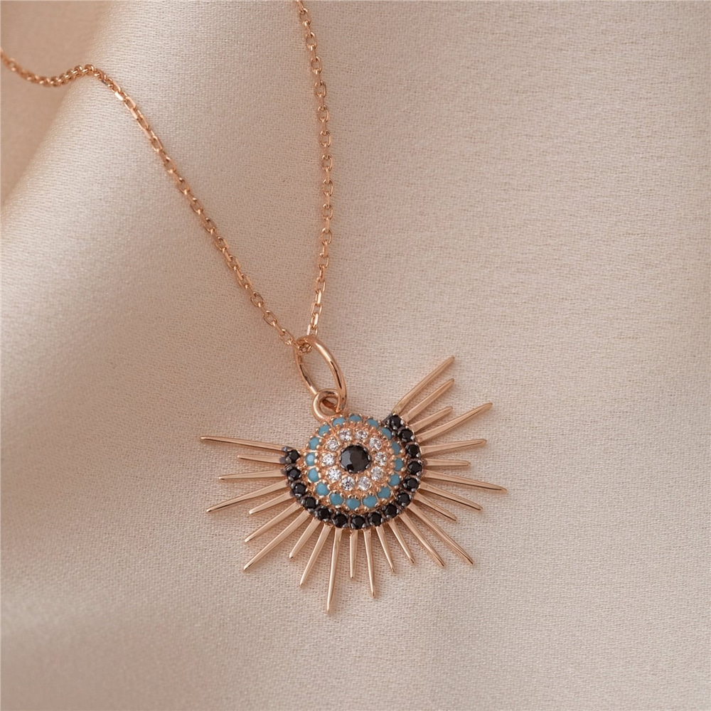 Goldstore-14K 18K Solid Gold Evil Eye Sun Necklace, Sunburst Evil Eye Necklace, Blue Eye Sun Necklace Gift For Her, Sun Rays Pendant Gift Christmas
