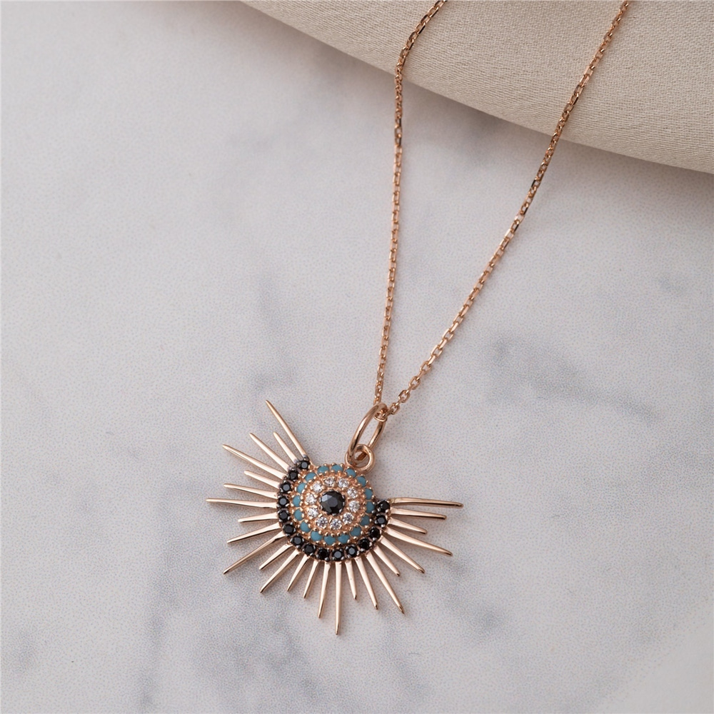 Goldstore-14K 18K Solid Gold Evil Eye Sun Necklace, Sunburst Evil Eye Necklace, Blue Eye Sun Necklace Gift For Her, Sun Rays Pendant Gift Christmas