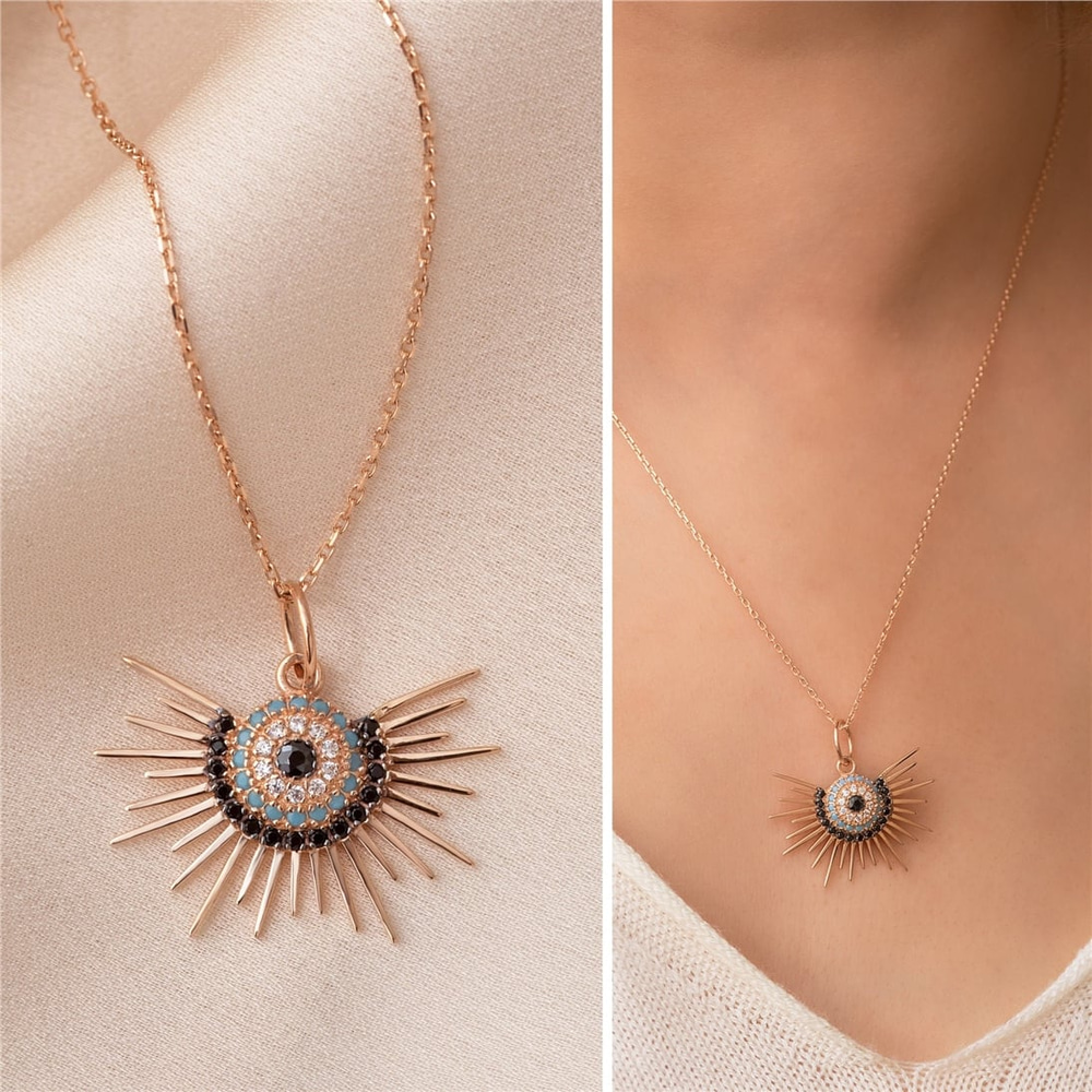 Goldstore-14K 18K Solid Gold Evil Eye Sun Necklace, Sunburst Evil Eye Necklace, Blue Eye Sun Necklace Gift For Her, Sun Rays Pendant Gift Christmas
