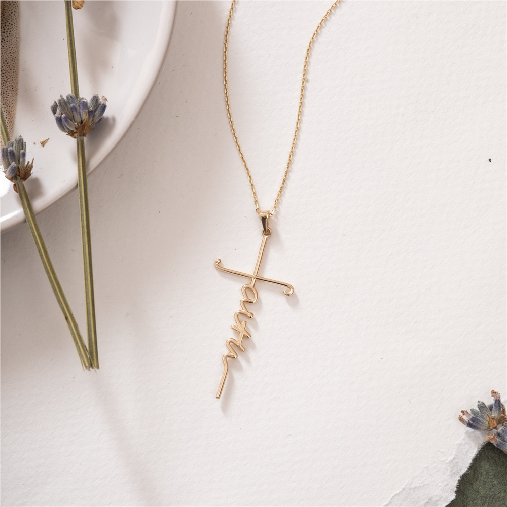 Goldstore-14k 18K Solid Gold Faith Cross Necklace, Faith Dainty Cross Pendant, Faith Pendant, Holy Pendant Necklaces, Baptism Gifts, Christian Jewelry