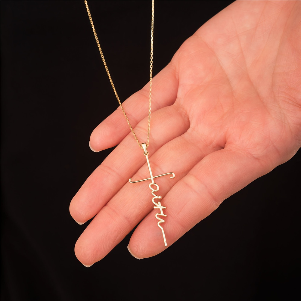 Goldstore-14k 18K Solid Gold Faith Cross Necklace, Faith Dainty Cross Pendant, Faith Pendant, Holy Pendant Necklaces, Baptism Gifts, Christian Jewelry