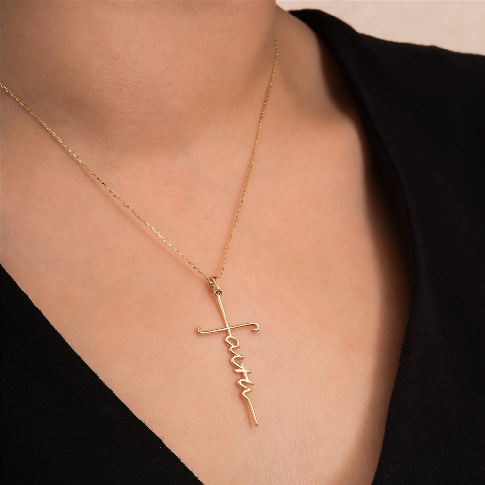 Goldstore-14k 18K Solid Gold Faith Cross Necklace, Faith Dainty Cross Pendant, Faith Pendant, Holy Pendant Necklaces, Baptism Gifts, Christian Jewelry