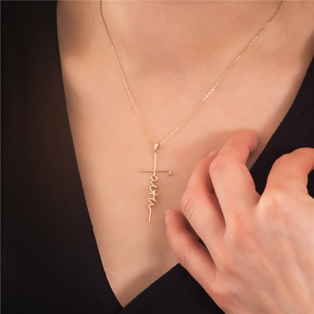 Goldstore-14k 18K Solid Gold Faith Cross Necklace, Faith Dainty Cross Pendant, Faith Pendant, Holy Pendant Necklaces, Baptism Gifts, Christian Jewelry