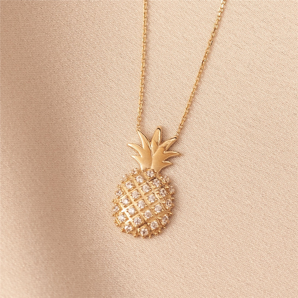 Goldstore-14k 18k Solid Gold Genuine Diamond or Cz Pineapple Necklace, Dainty Tropical Fruit Pineapple Necklace is a Great Gift For Her, Birthday gift