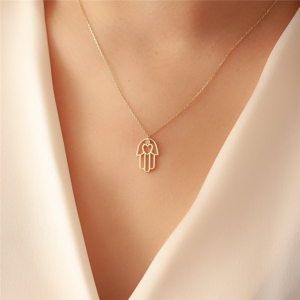 Goldstore-14k 18k Solid Gold Hamsa Palm Diamond Necklace, Diamond Fatima Hand Pendant Necklace, Dainty Hamsa Necklace, Hamsa Palm Necklace is Gift Her