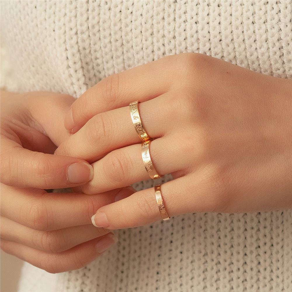 Goldstore-14k 18k Solid Gold Handwriting Ring, Engrave Name Coordinate Gold 3 mm Band Ring, Actual Handwriting Wedding Band, Custom Roman Numeral Band