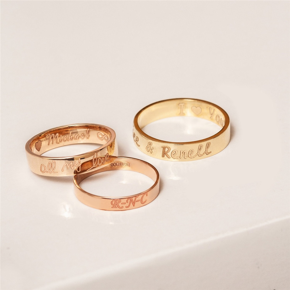 Goldstore-14k 18k Solid Gold Handwriting Ring, Engrave Name Coordinate Gold 3 mm Band Ring, Actual Handwriting Wedding Band, Custom Roman Numeral Band