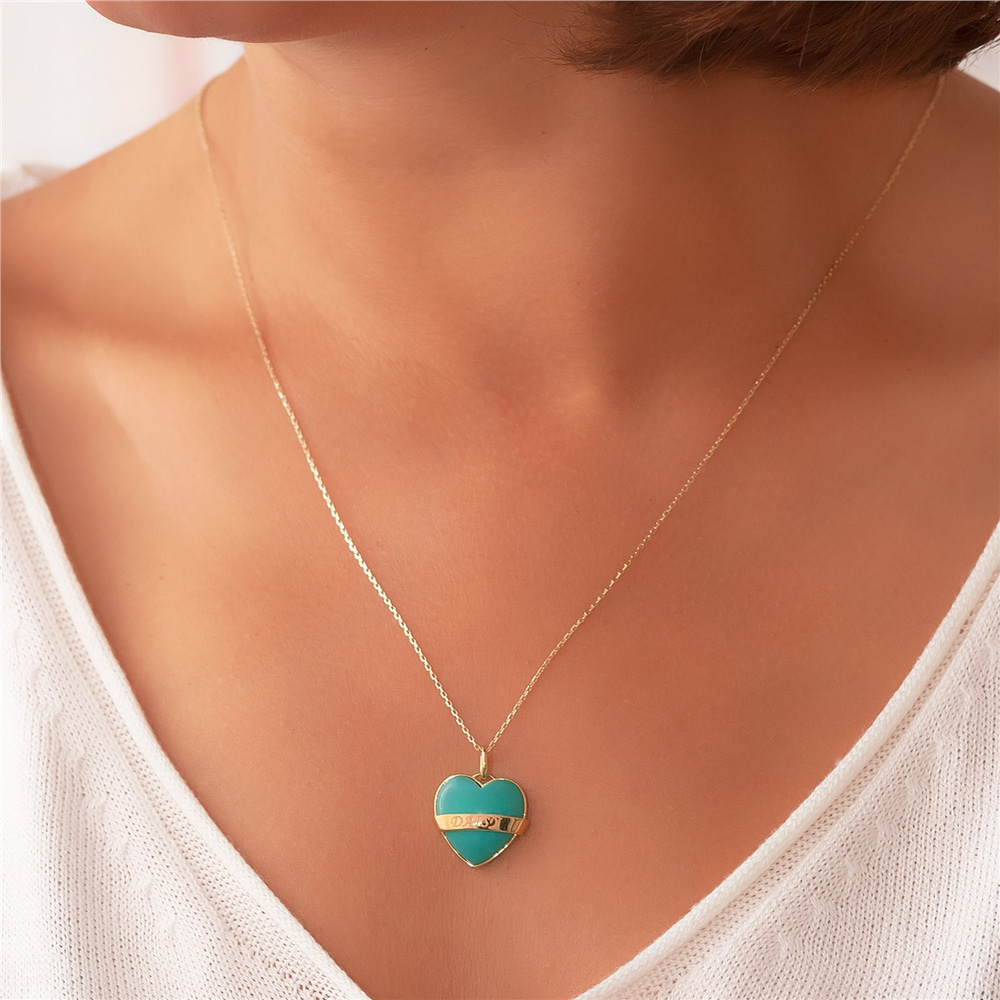 Goldstore-14K 18K Solid Gold Heart Turquoise Necklace, Custom Name Engrave Turquoise Heart Gold Necklace, Elegant Personalized Turquoise Heart Pendant